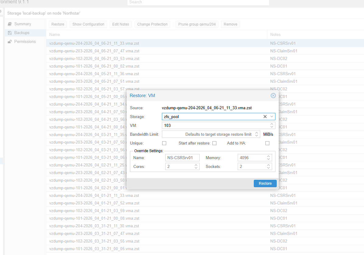 Proxmox restore dialog showing VM recovery options