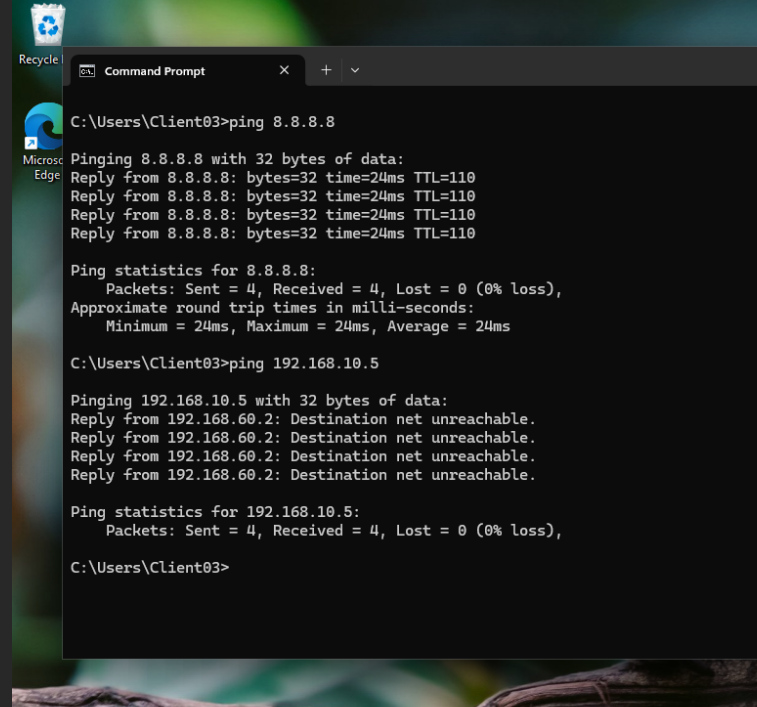 Command prompt showing guest isolation from internal resource