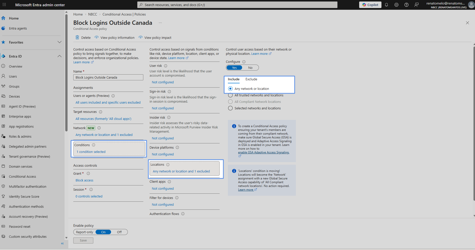 Conditional access policy blocking logins outside Canada