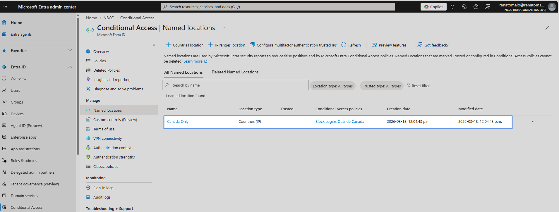 Conditional Access named locations showing Canada only