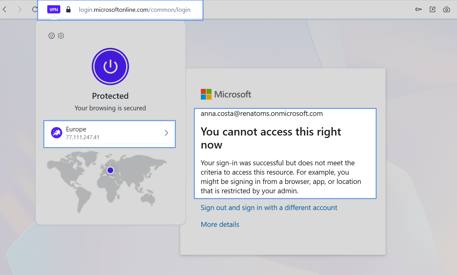 Blocked sign-in result from an unauthorized location