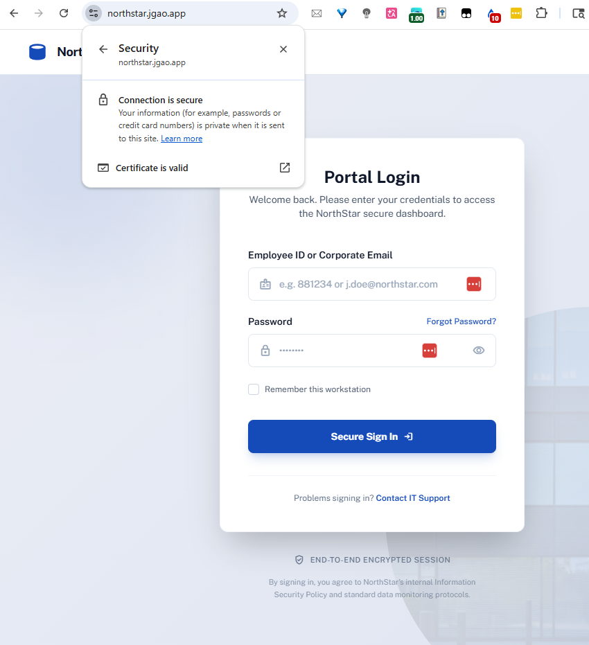 NorthStar portal showing a valid secure certificate