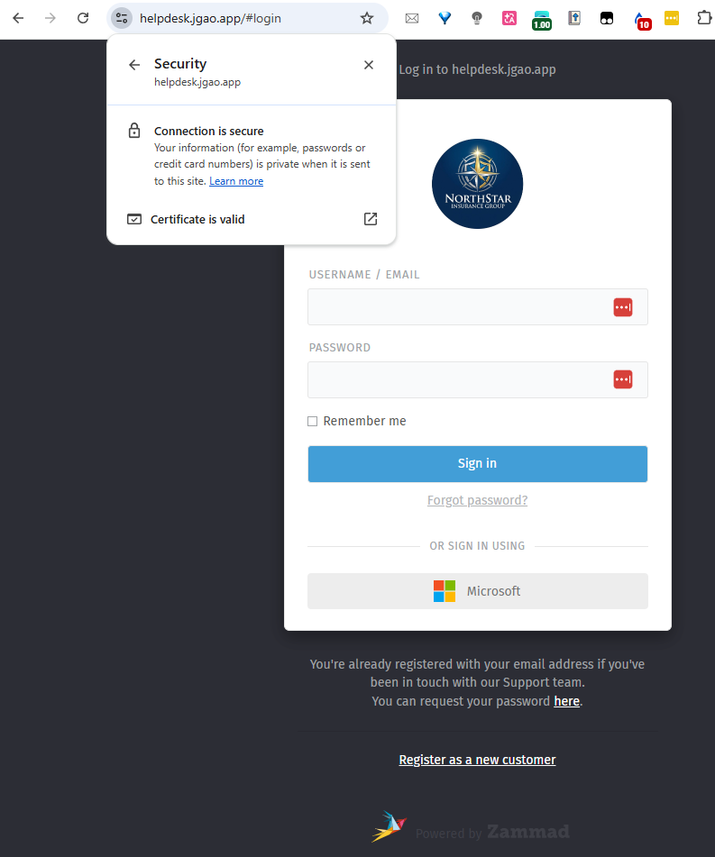 Zammad helpdesk showing a valid secure certificate
